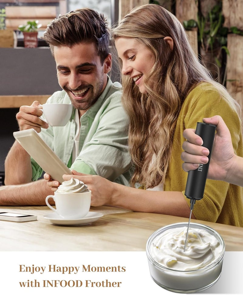 INFOOD Milk Frother Rechargeable with Cover - Coffee Frother Wand, Drink Mixer Handheld with 2 Detachable Stainless Whisks 2 Speed Adjustable for Latte, Cappuccino, Hot Chocolate, Egg, Black - Image 4